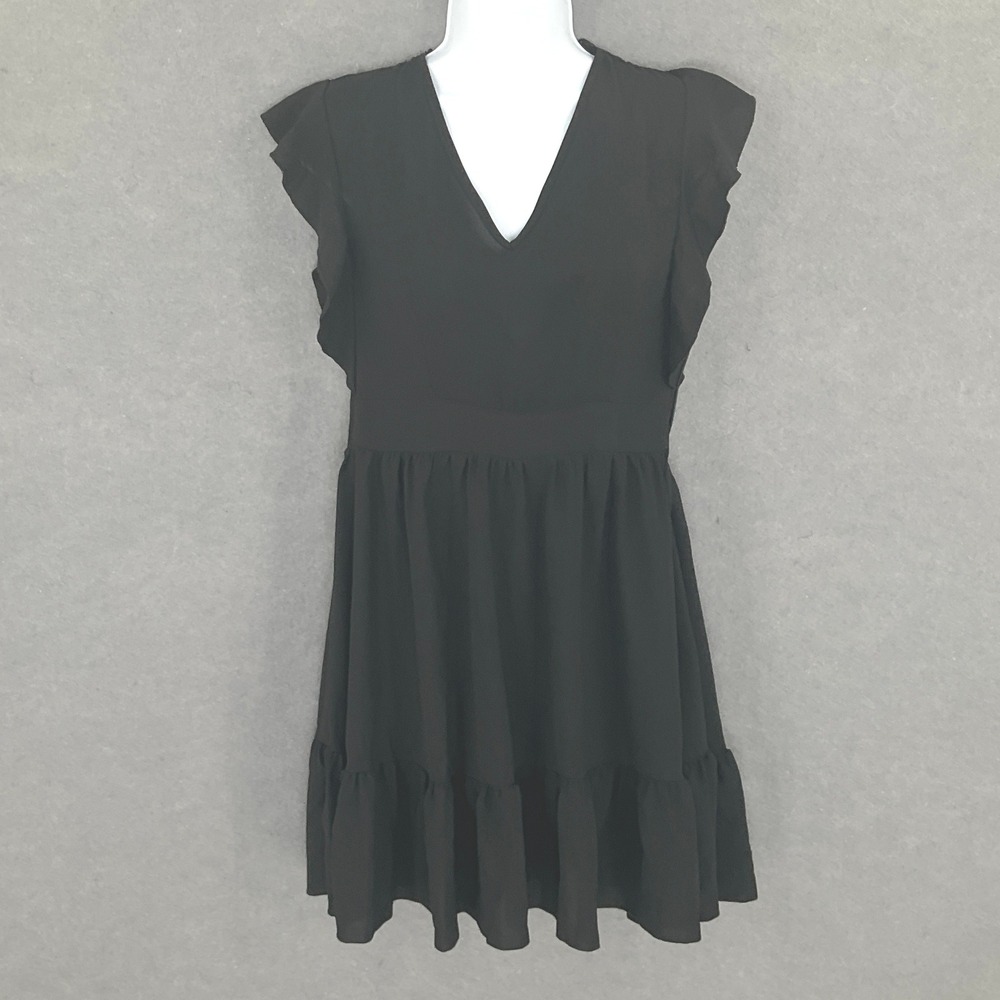 Womens Black Mini Dress Sz S Ruffle‎ Sleeve V Neck Lace Tie Feminine Romantic